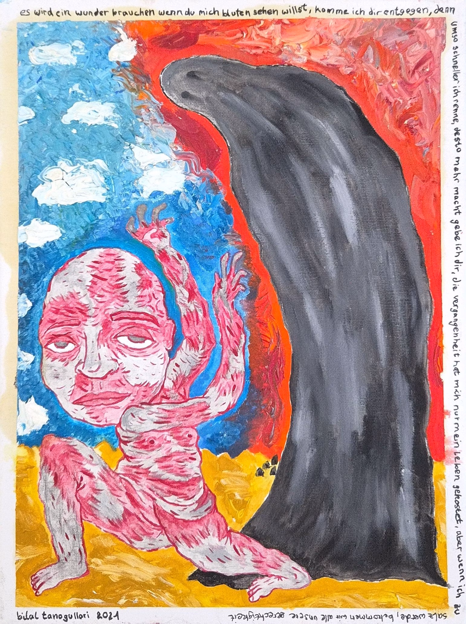 Kontrastreiches Acrylgemälde: Links flieht eine rot-weiß gestreifte, nackte Figur vor blauem Himmel; rechts ragt eine monumentale, schwarze Schattengestalt vor feurigem Rot empor. Gelber Boden, Text am Bildrand.