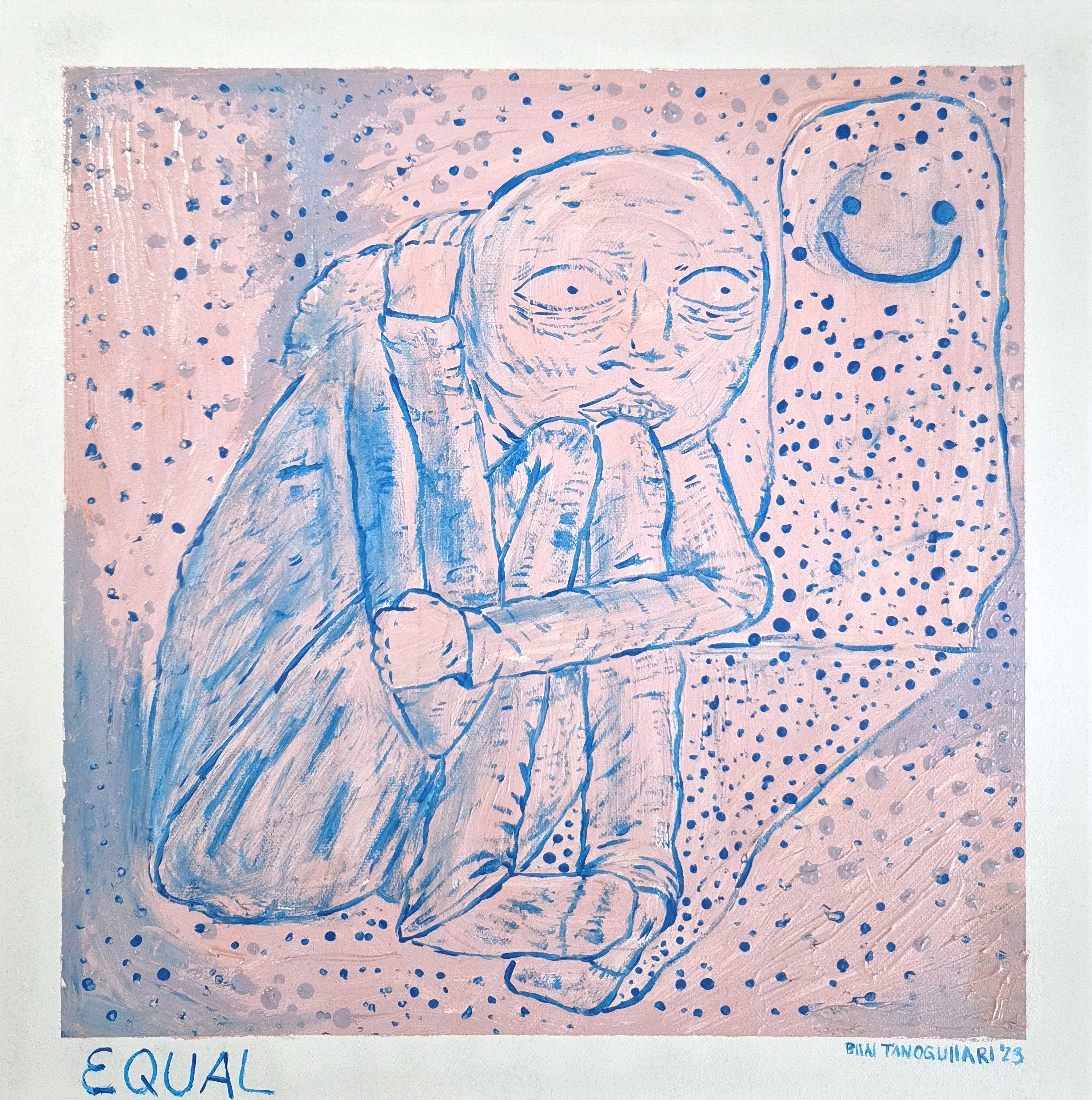 Blau-rosa Monochrom-Gemälde: Eine in sich zusammengesunkene, nackte Figur hält ihre Knie umklammert, daneben schwebt eine gepunktete Silhouette mit einem Smiley-Gesicht. Unten links steht das Wort „EQUAL“.
