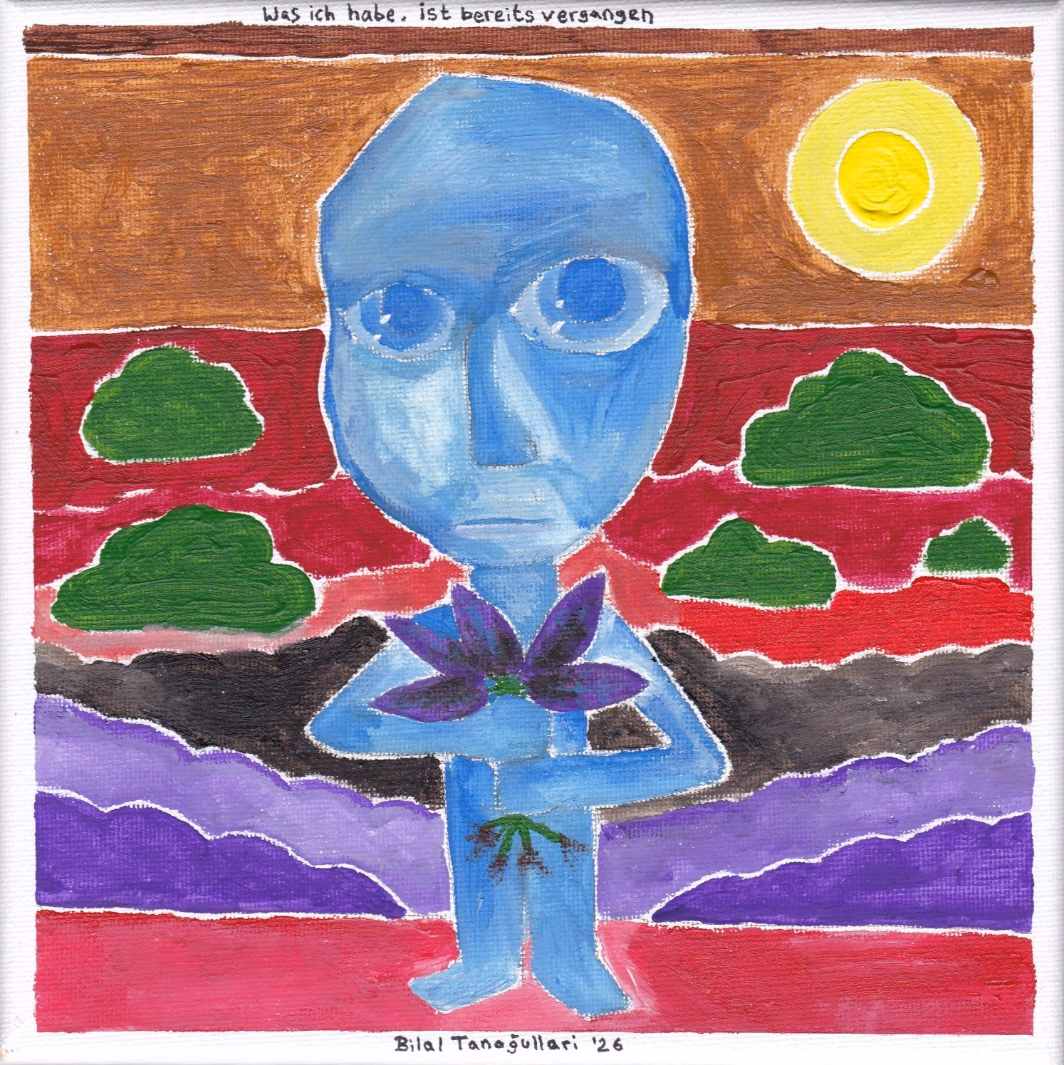 Gemälde einer blauen Figur, die eine dunkle Blume hält, vor einer Landschaft mit rotem Himmel, grünen Wolken und gelber Sonne.