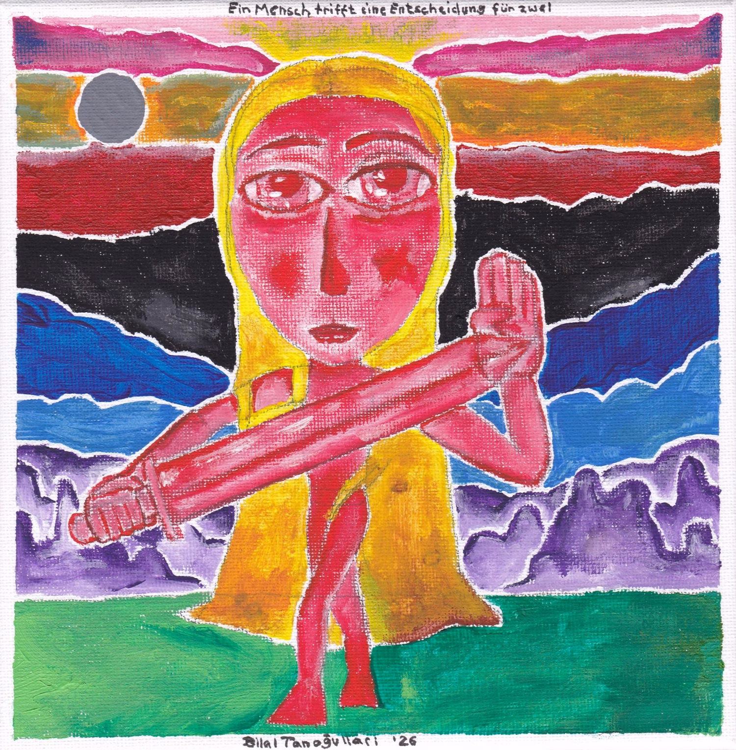 Eine stehende, rosafarbene Figur mit gelbem Haar hält ein rosa Schwert waagerecht vor sich, im Hintergrund eine geschichtete Hügellandschaft unter einem dunklen Himmel mit grauer Sonne.