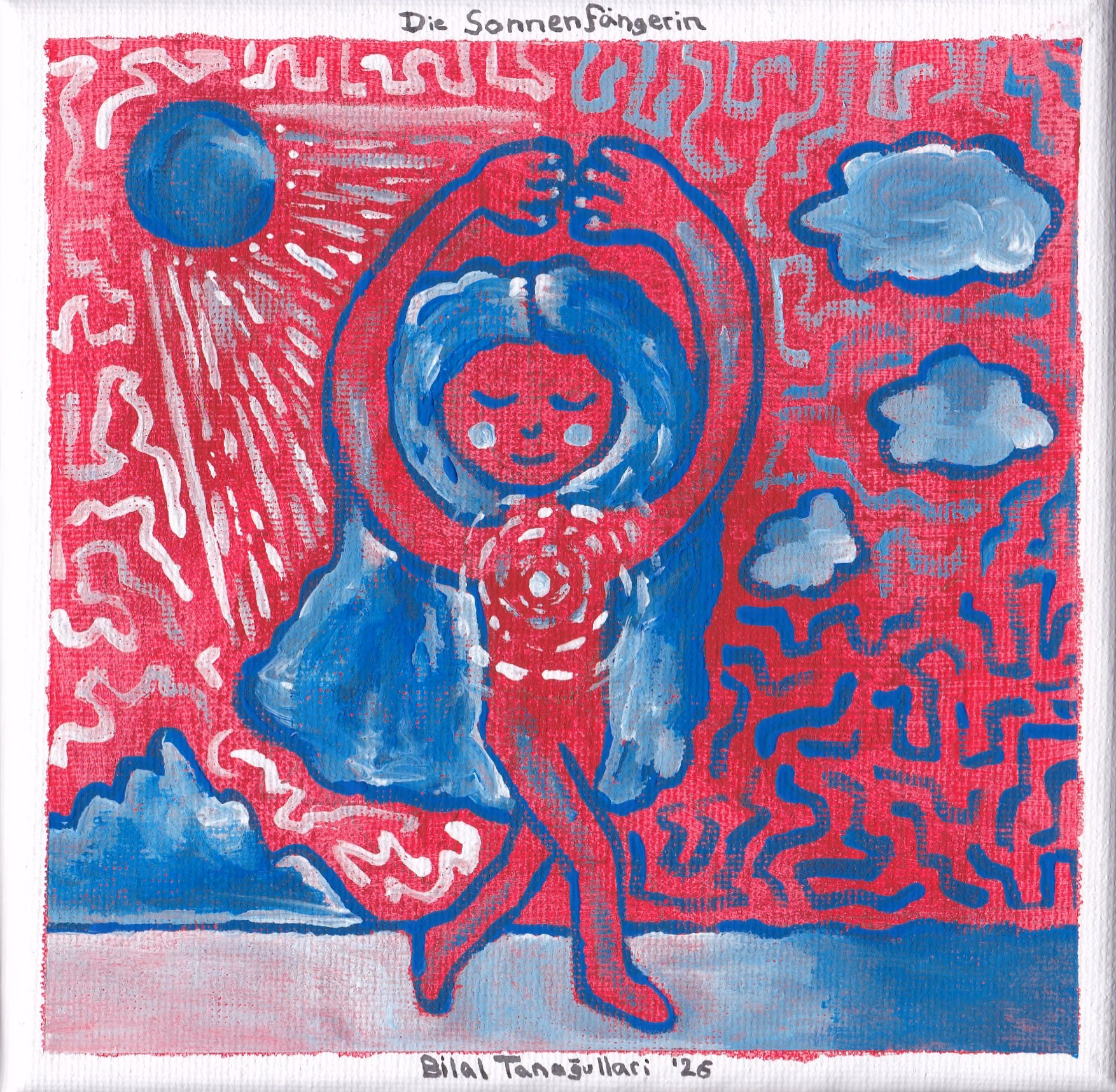 Eine tanzende rote Figur mit blauem Haar hält einen leuchtenden, wirbelnden Ball vor einem strahlenden blauen Himmelskörper.