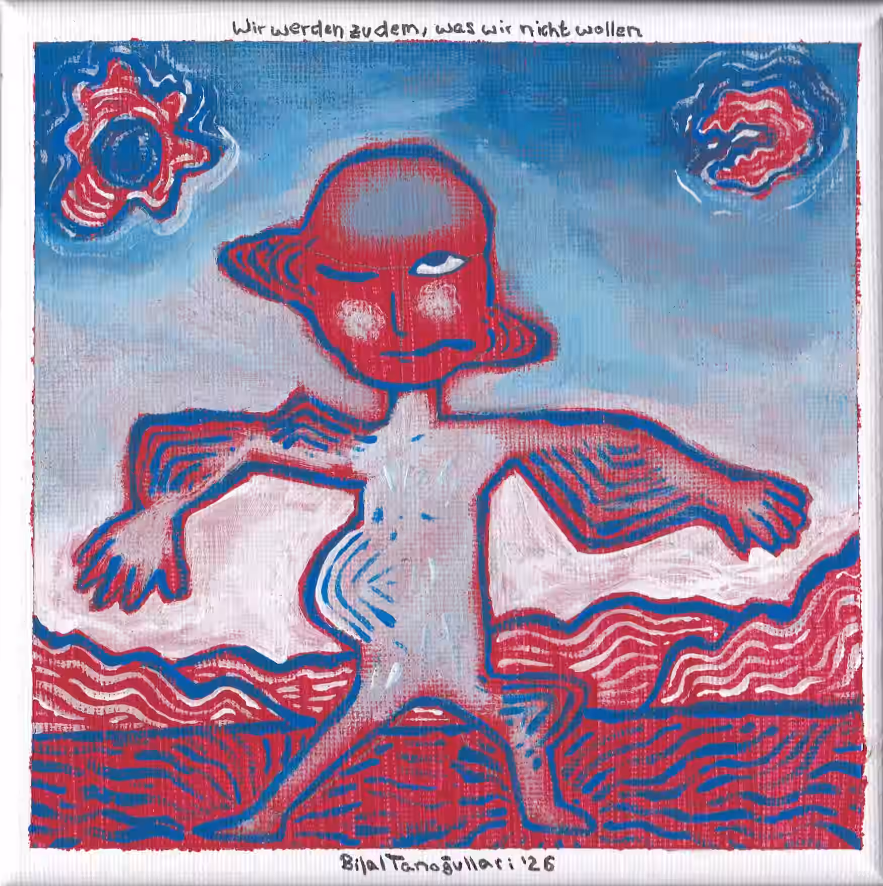 Eine rote, stilisierte menschliche Figur steht vor einem blau-rosa Hintergrund mit sonnen- und mondähnlichen Symbolen.