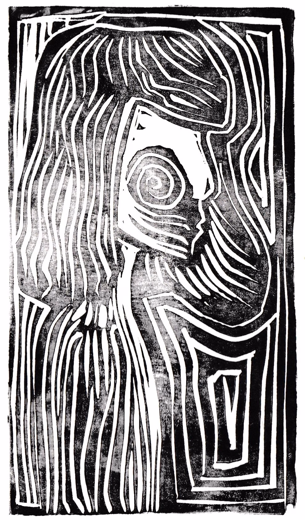 Linoldruck des Profils einer Person mit langen Haaren und einer Spirale auf der Wange.