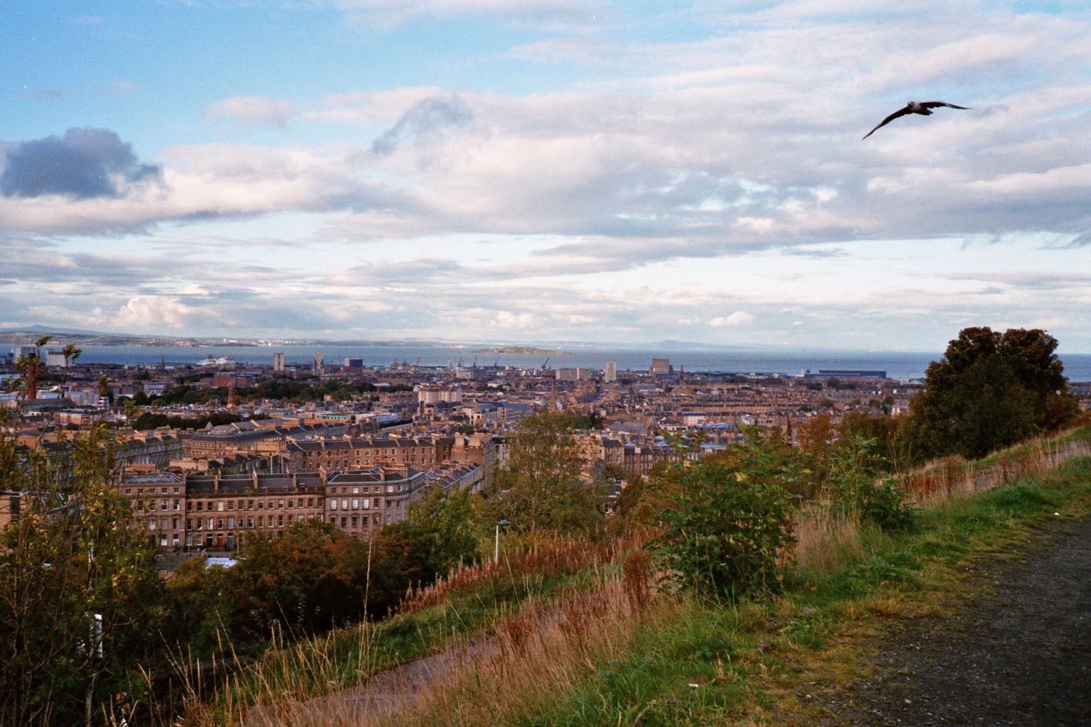 Panorama-Aussicht über Edinburgh von einem grünen Hügel bis hin zum Meer.
